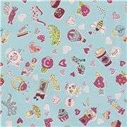 Toile japonaise coton bleue fille ado avec des coeurs amour chocolat crânes