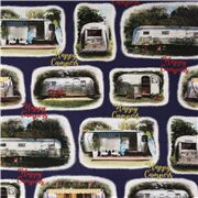 Tela azul autocaravana retro algodón Happy Campers