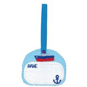 blue name tag with boat anchor iron-on transfer 1 piece