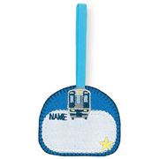 blue name tag with train star iron-on transfer 1 piece
