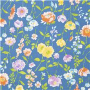 blau rot gelb große und kleine Blüten und Blattwerk auf blauer Baumwolle Japan