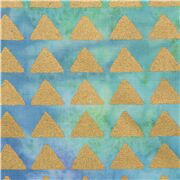 Tissu bleu en coton style batik, motif paréo aspect teinté triangles dorés