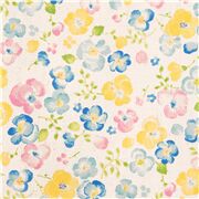 blaue gelbe rosa Blumen und Blätter auf gesprenkeltem cremefarbenem Stoff aus Japan