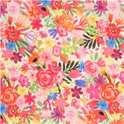 Tissu japonais en coton fleurs aux couleurs vives arc-en-ciel et feuilles vertes