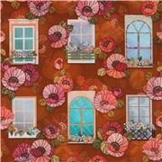 brauner Stoff mit bunten Fenstern und Mohnblumen ReststÃŒck