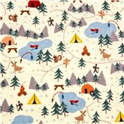 Tissu en coton crème avec des campings, des tentes, des pêcheurs