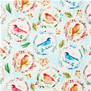 Tissu coton bleu clair oiseaux multicolores dans vignettes rondes