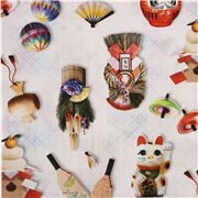 Tissu en coton Kokka avec des icônes japonaises des chats Maneki Neko