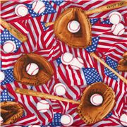 Tissu coton sport baseball battes mitaines balles drapeaux américain patriotique