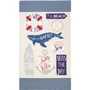Tissu à panneaux en coton crème bleu océan et slogans en anglais