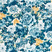 Cremefarbener Stoff mit blauen und gelben Rosen Dahlien lila Tulpen