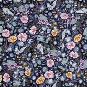 Tissu bleu foncé renard écureuil oiseaux fleurs roses