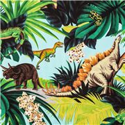 Tissu bleu avec des dinosaures, des fleurs d'orchidées