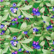 Tissu en coton myrtilles feuilles sur le thème des fruits baies produits frais