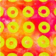 Tissu batik en coton orange aspect teinté cercles et ronds verts paréo