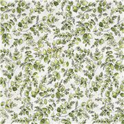 Tissu linon en coton blanc avec des feuilles vertes