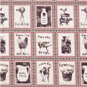 Tissu coton gris écru animaux de la ferme pots produits paniers