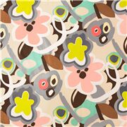 Tissu grandes fleurs grises, roses, rouges, jaunes, multicolores