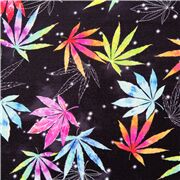 Tissu en coton noir avec des feuilles multicolores
