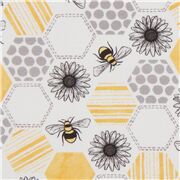 hellcremiger Wabenstoff mit Bienen und Blumen