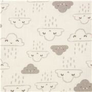 Tissu en coton écru avec d'adorables nuages gris avec des visages