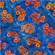 orange Monstertrucks blauer Batik Baumwollstoff USA
