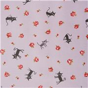Tissu laminé CocoLand violet pâle avec des chats et des roses importé du Japon