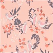 Tissu pêche avec des petites fleurs et des oiseaux