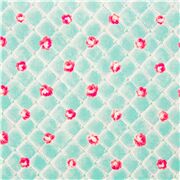 Tissu en coton bleu points de treillis style couette avec des roses roses