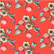Roter Stoff mit Retro-Blumen und Kolibris