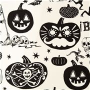 Tissu crème crânes, têtes de mort, lunes, balais, chats, citrouilles