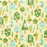 Tissu en coton lisse Japon arbres avec des blocs géométriques vert bleu kaki graphique
