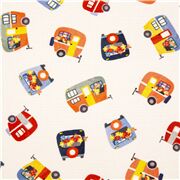 Tissu en coton crème avec des caravanes multicolores