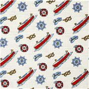 Tissu japonais texturé Dobby blanc avec des ancres bateaux sur le thème marin
