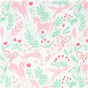 Tissu jersey blanc avec des silhouettes de licorne, des animaux
