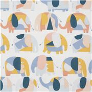 Tissu en coton blanc avec des éléphants jaune et pêche