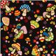 black canvas fabric colourful kawaii mushrooms Kokka 1