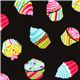 black designer fabric with colourful Party cupcakes hearts 1
