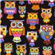 black designer fabric with colourful embellished owls 1