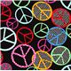black designer fabric with colourful peace signs and dots 1