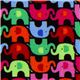 black designer fabric with small colourful elephants 1