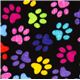 black designer flannel fabric with colourful paw prints 1