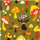 olive green Alexander Henry fabric with colourful mushrooms 1