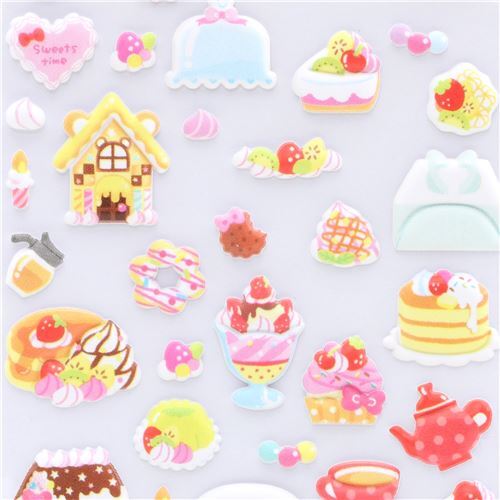 puffy stickers with kawaii colorful cake sweet treat dessert food by