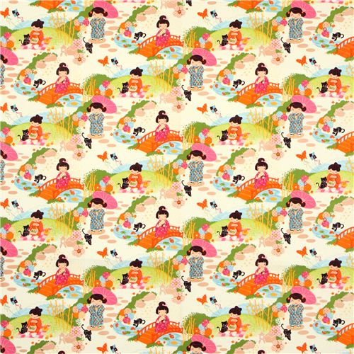 Alexander Henry Japanese girls fabric orange green Fabric by Alexander