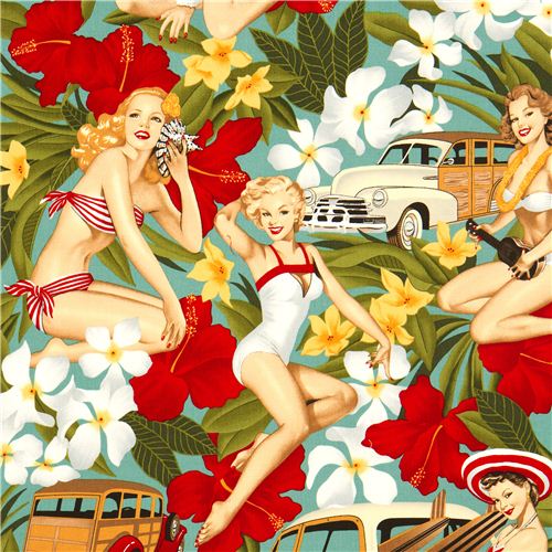 Tela chicas Pin up bikini y flores, Alexander Henry Tela