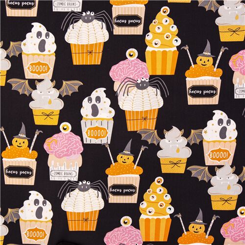 Tissu noir avec des citrouilles fantmes, des friandises d'Halloween Tissu