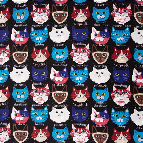 Remnant (31 x 112 cm) - Alexander Henry black fabric with colorful cats faces 5