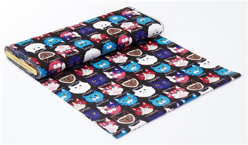 Remnant (31 x 112 cm) - Alexander Henry black fabric with colorful cats faces 7