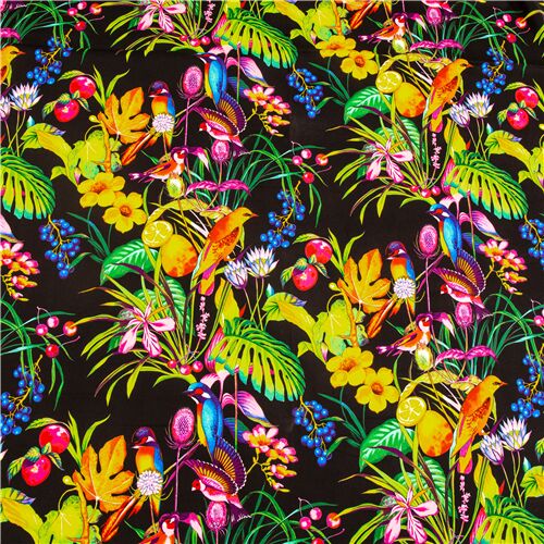 Alexander Henry black fabric with multicolour birds and leaves flowers ...